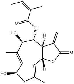 (Z)-2-メチル-2-ブテン酸[(3aS,4R,5R,6E,8R,10E,11aR)-2,3,3a,4,5,8,9,11a-オクタヒドロ-5,8-ジヒドロキシ-6,10-ジメチル-3-メチレン-2-オキソシクロデカ[b]フラン-4-イル] 化学構造式