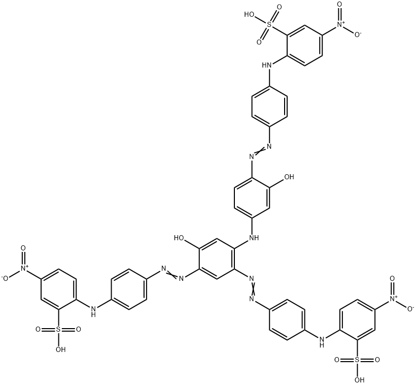 2,2'-[[4-Hydroxy-6-[[3-hydroxy-4-[[4-[(4-nitro-2-sulfophenyl)amino]phenyl]azo]phenyl]amino]-1,3-phenylene]bis(azo-4,1-phenyleneimino)]bis(5-nitrobenzenesulfonic acid),72139-02-7,结构式