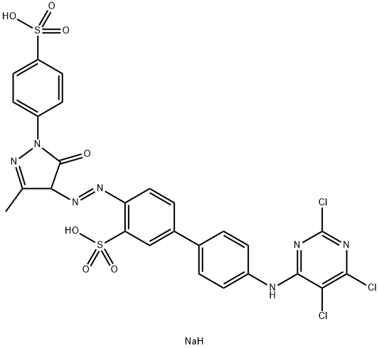 disodium 4-[[4,5-dihydro-3-methyl-5-oxo-1-(4-sulphonatophenyl)-1H-pyrazol-4-yl]azo]-4'-[(2,5,6-trichloropyrimidin-4-yl)amino][1,1'-biphenyl]-3-sulphonate Structure