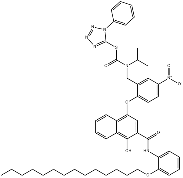 Carbamothioic acid, [[2-[[4-hydroxy-3-[[[2-(tetradecyloxy) phenyl]amino]carbonyl]-1-naphthalenyl ]oxy]-5-nitrophenyl]methyl](1-methylethyl)-, S-(1-phenyl-1H-tetrazol-5-yl) ester Structure