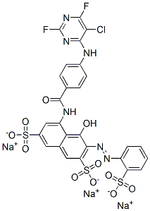 trisodium 5-[[4-[(5-chloro-2,6-difluoro-4-pyrimidinyl)amino]benzoyl]amino]-4-hydroxy-3-[(2-sulphonatophenyl)azo]naphthalene-2,7-disulphonate Structure