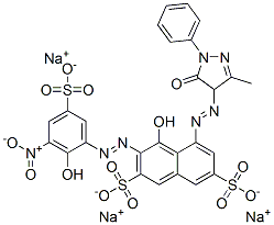 trisodium 5-[(4,5-dihydro-3-methyl-5-oxo-1-phenyl-1H-pyrazol-4-yl)azo]-4-hydroxy-3-[(2-hydroxy-3-nitro-5-sulphonatophenyl)azo]naphthalene-2,7-disulphonate Structure
