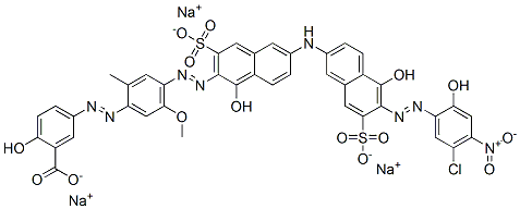 5-[[4-[[6-[[6-[(5-Chloro-2-hydroxy-4-nitrophenyl)azo]-5-hydroxy-7-sulfo-2-naphthalenyl]amino]-1-hydroxy-3-sulfo-2-naphthalenyl]azo]-5-methoxy-2-methylphenyl]azo]-2-hydroxybenzoic acid trisodium salt 结构式