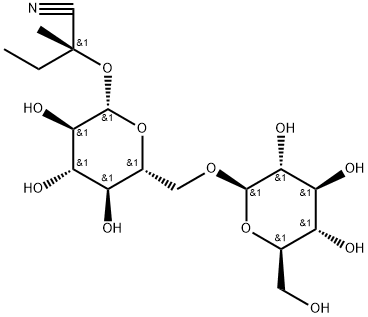 (2R)-2-(6-O-β-D-グルコピラノシル-β-D-グルコピラノシルオキシ)-2-メチルブタンニトリル 化学構造式