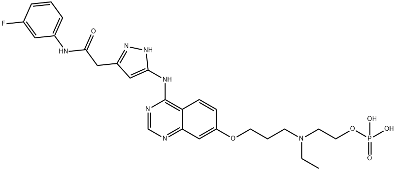722543-31-9 5-[[7-[3-[乙基[2-(磷酰氧基)乙基]氨基]丙氧基]-4-喹唑啉基]氨基]-N-(3-氟苯基)-1H-吡唑-3-乙酰胺