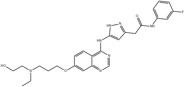 5-[[7-[3-[エチル(2-ヒドロキシエチル)アミノ]プロポキシ]-4-キナゾリニル]アミノ]-N-(3-フルオロフェニル)-1H-ピラゾール-3-アセトアミド 化学構造式