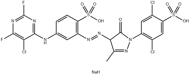 2,5-ジクロロ-4-[[4-[[5-[(5-クロロ-2,6-ジフルオロ-4-ピリミジニル)アミノ]-2-(ソジオスルホ)フェニル]アゾ]-4,5-ジヒドロ-3-メチル-5-オキソ-1H-ピラゾール]-1-イル]ベンゼンスルホン酸ナトリウム 化学構造式