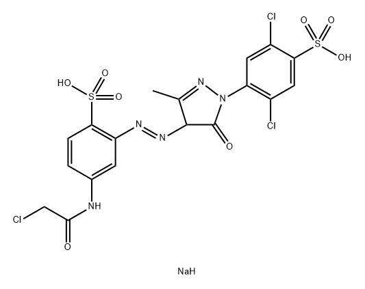 4-[(クロロアセチル)アミノ]-2-[[[1-[2,5-ジクロロ-4-(ソジオスルホ)フェニル]-4,5-ジヒドロ-3-メチル-5-オキソ-1H-ピラゾール]-4-イル]アゾ]ベンゼンスルホン酸ナトリウム 化学構造式