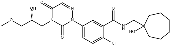 (R)-2-CHLORO-5-(4-(HYDROXY(METHOXY)METHYL)-3,5-DIOXO-4,5-DIHYDRO-1,2,4-TRIAZIN-2(3H)-YL)-N-((1-HYDROXYCYCLOHEPTYL)METHYL)BENZAMIDE Struktur