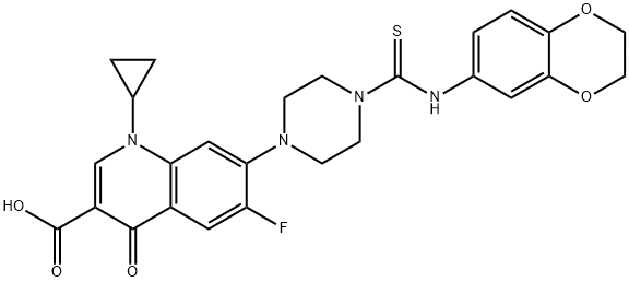 3-Quinolinecarboxylic acid, 1-cyclopropyl-7-[4-[[(2,3-dihydro-1,4-benzodioxin-6-yl)aMino]thioxoMethyl]-1-piperazinyl]-6-fluoro-1,4-dihydro-4-oxo- 化学構造式