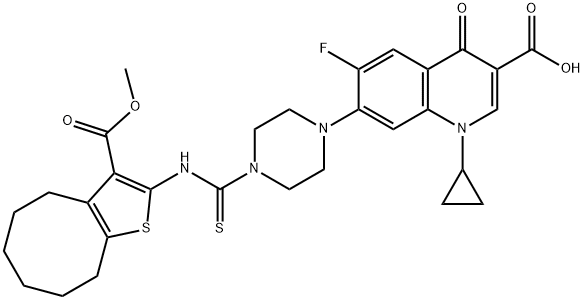 3-Quinolinecarboxylic acid, 1-cyclopropyl-6-fluoro-7-[4-[[[4,5,6,7,8,9-hexahydro-3-(Methoxycarbonyl)cycloocta[b]thien-2-yl]aMino]thioxoMethyl]-1-piperazinyl]-1,4-dihydro-4-oxo- Structure
