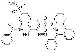 disodium 5-(benzoylamino)-3-[[2-(2-cyclohexylphenoxy)phenyl]azo]-4-hydroxynaphthalene-2,7-disulphonate Struktur