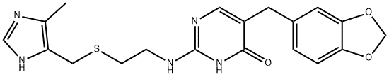 5-[(1,3-ベンゾジオキソール-5-イル)メチル]-2-[[2-[[(5-メチル-1H-イミダゾール-4-イル)メチル]チオ]エチル]アミノ]-4(1H)-ピリミジノン 化学構造式