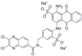 2-Anthracenesulfonic acid, 1-amino-4-[[4-[[[(2,3-dichloro- 6-quinoxalinyl)carbonyl]methylamino]methyl] -2-sulfophenyl]amino]-9,10-dihydro-9,10-dioxo-, sodium salt Struktur