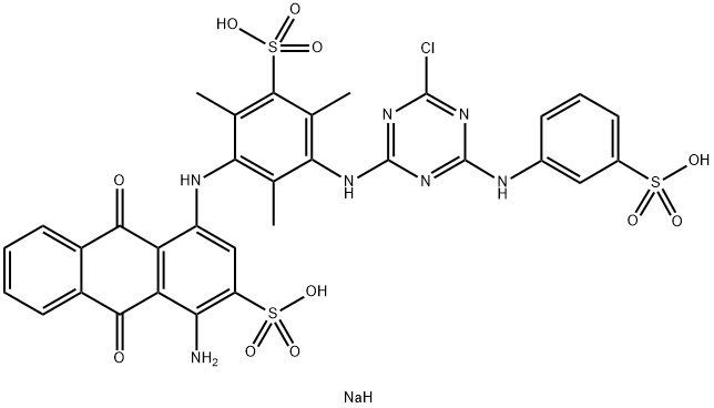 trisodium 1-amino-4-[[3-[[4-chloro-6-[(3-sulphonatophenyl)amino]-1,3,5-triazin-2-yl]amino]-2,4,6-trimethyl-5-sulphonatophenyl]amino]-9,10-dihydro-9,10-dioxoanthracene-2-sulphonate Structure