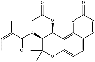 (Z)-2-メチル-2-ブテン酸[(9S,10S)-10β-(アセチルオキシ)-9,10-ジヒドロ-8,8-ジメチル-2-オキソ-2H,8H-ベンゾ[1,2-b:3,4-b']ジピラン]-9β-イル 化学構造式