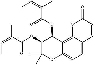 9,10-ジヒドロ-2-オキソ-8,8-ジメチル-2H,8H-ベンゾ[1,2-b:3,4-b']ジピラン-9β,10β-ジオールビス[(Z)-2-メチル-2-ブテノアート] 化学構造式