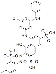 5-[[4-クロロ-6-[メチル(フェニル)アミノ]-1,3,5-トリアジン-2-イル]アミノ]-4-ヒドロキシ-3-[(4-メチル-2-スルホフェニル)アゾ]-2,7-ナフタレンジスルホン酸 化学構造式