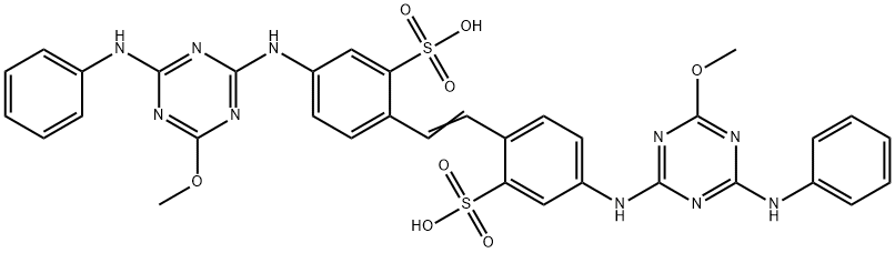 2,2'-(1,2-エテンジイル)ビス[5-[[4-メトキシ-6-(フェニルアミノ)-1,3,5-トリアジン-2-イル]アミノ]ベンゼン-1-スルホン酸] 化学構造式