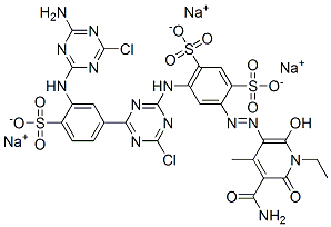 1,3-Benzenedisulfonic acid, 4-[[5-(aminocarbonyl)-1-ethyl-1,6-dihydro-2-hydroxy-4-methyl-6-oxo-3-pyridinyl]azo]-6-[[4-[3-[(4-amino-6-chloro-1,3,5-triazin-2-yl)amino]-4-sulfophenyl]-6-chloro-1,3,5-triazin-2-yl]amino]-, trisodium salt Structure
