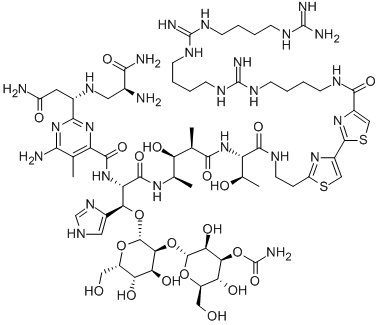N1-(20-アミノ-6,13,20-トリイミノ-5,7,12,14,19-ペンタアザイコサン-1-イル)ブレオマイシンアミド 化学構造式