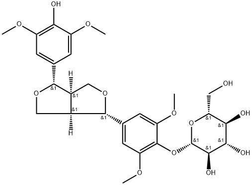 4-[(1S,3aβ,6aβ)-4β-[4-(β-D-グルコピラノシルオキシ)-3,5-ジメトキシフェニル]テトラヒドロ-1H,3H-フロ[3,4-c]フラン-1β-イル]-2,6-ジメトキシフェノール 化学構造式