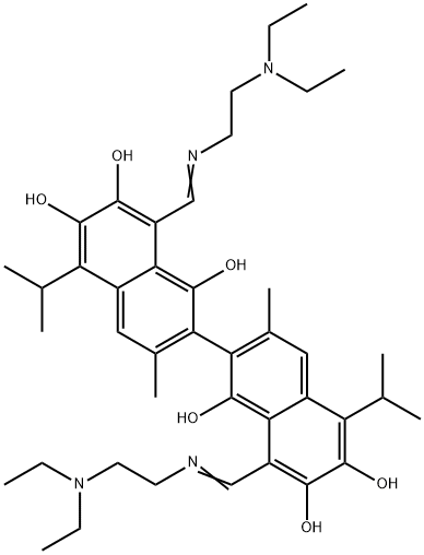 (1Z)-1-[(2-diethylaminoethylamino)methylidene]-7-[(8Z)-8-[(2-diethylaminoethylamino)methylidene]-1,6-dihydroxy-3-methyl-7-oxo-5-propan-2-yl-naphthalen-2-yl]-3,8-dihydroxy-6-methyl-4-propan-2-yl-naphthalen-2-one Structure