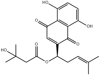 5,8-ジヒドロキシ-2-[(R)-1-[(3-ヒドロキシ-3-メチルブタノイル)オキシ]-4-メチル-3-ペンテニル]-1,4-ナフタレンジオン 化学構造式
