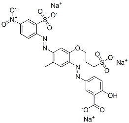 trisodium 5-[[5-methyl-4-[(4-nitro-2-sulphonatophenyl)azo]-2-(3-sulphonatopropoxy)phenyl]azo]salicylate Structure