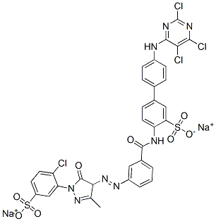 4-[[3-[[[1-(2-クロロ-5-ソジオスルホフェニル)-4,5-ジヒドロ-3-メチル-5-オキソ-1H-ピラゾール]-4-イル]アゾ]ベンゾイル]アミノ]-4′-[(2,5,6-トリクロロ-4-ピリミジニル)アミノ]-1,1′-ビフェニル-3-スルホン酸ナトリウム 化学構造式