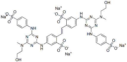 tetrasodium 4,4'-bis[[4-[(2-hydroxyethyl)methylamino]-6-[(4-sulphonatophenyl)amino]-1,3,5-triazin-2-yl]amino]stilbene-2,2'-disulphonate Structure