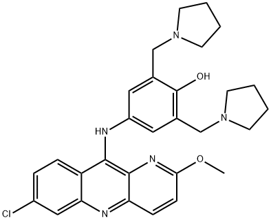 4-[(7-クロロ-2-メトキシベンゾ[b]-1,5-ナフチリジン-10-イル)アミノ]-2,6-ビス(1-ピロリジニルメチル)フェノール 化学構造式