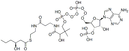 S-[2-[3-[[4-[[[(2R,3S,4R,5R)-5-(6-aminopurin-9-yl)-4-hydroxy-3-phosphonooxyoxolan-2-yl]methoxy-hydroxyphosphoryl]oxy-hydroxyphosphoryl]oxy-2-hydroxy-3,3-dimethylbutanoyl]amino]propanoylamino]ethyl] (3S)-3-hydroxyhexanethioate 结构式