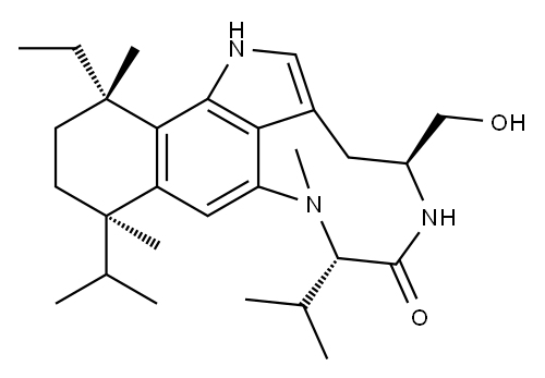 (4S,7S,10R,13R)-13-エチル-1,3,4,5,7,8,10,11,12,13-デカヒドロ-4-ヒドロキシメチル-8,10,13-トリメチル-7,10-ジイソプロピル-6H-ベンゾ[g][1,4]ジアゾニノ[7,6,5-cd]インドール-6-オン 化学構造式