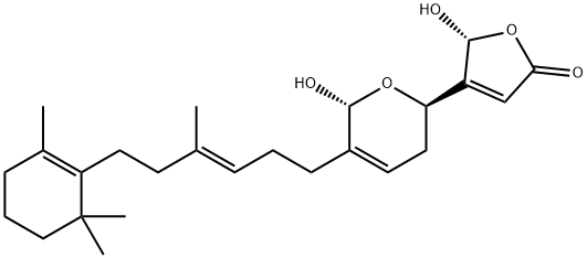 (5R)-4-[(2R,6R)-3,6-ジヒドロ-6-ヒドロキシ-5-[4-メチル-6-(2,6,6-トリメチル-1-シクロヘキセン-1-イル)-3-ヘキセニル]-2H-ピラン-2-イル]-5-ヒドロキシフラン-2(5H)-オン 化学構造式