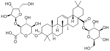 28-(β-D-グルコピラノシルオキシ)-28-オキソオレアナ-12-エン-3β-イル4-O-α-L-アラビノフラノシル-β-D-グルコピラノシドウロン酸 化学構造式