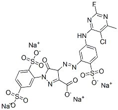 1H-Pyrazole-3-carboxylic acid, 4-[[5-[(5-chloro-2-fluoro- 6-methyl-4-pyrimidinyl)amino]-2-sulfophenyl]azo] -1-(2,5-disulfophenyl)-4,5-dihydro-5-oxo-, tetrasodium salt Structure