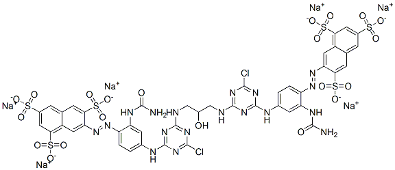 hexasodium 7,7'-[(2-hydroxypropane-1,3-diyl)bis[imino(6-chloro-1,3,5-triazine-4,2-diyl)imino[2-[(aminocarbonyl)amino]-4,1-phenylene]azo]]bisnaphthalene-1,3,6-trisulphonate 结构式