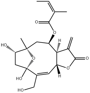 (Z)-2-Methyl-2-butenoic acid [(3aR,4R,6R,7S,9R,10Z,11aR)-2,3,3a,4,5,6,7,8,9,11a-decahydro-7,9-dihydroxy-10-hydroxymethyl-6-methyl-3-methylene-2-oxo-6,9-epoxycyclodeca[b]furan-4-yl] ester 结构式
