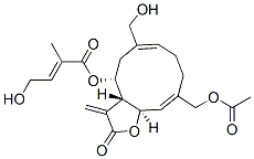 (2E)-4-Hydroxy-2-methyl-2-butenoic acid [(3aR,4R,6Z,10Z,11aR)-10-acetoxymethyl-2,3,3a,4,5,8,9,11a-octahydro-6-hydroxymethyl-3-methylene-2-oxocyclodeca[b]furan-4-yl] ester Struktur