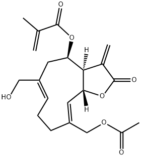 2-Methylpropenoic acid [(3aR,4R,6Z,10Z,11aR)-10-acetoxymethyl-2,3,3a,4,5,8,9,11a-octahydro-6-hydroxymethyl-3-methylene-2-oxocyclodeca[b]furan-4-yl] ester Struktur