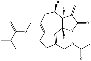 2-Methylpropanoic acid [[(3aR,4R,6Z,10Z,11aR)-10-acetoxymethyl-2,3,3a,4,5,8,9,11a-octahydro-4-hydroxy-3-methylene-2-oxocyclodeca[b]furan-6-yl]methyl] ester Struktur