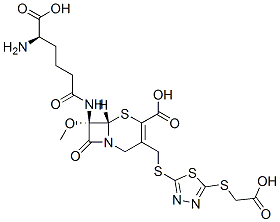 (7S)-7-[[(R)-5-Amino-5-carboxy-1-oxopentyl]amino]-7-methoxy-3-[[[5-[(carboxymethyl)thio]-1,3,4-thiadiazol-2-yl]thio]methyl]cepham-3-ene-4-carboxylic acid Struktur