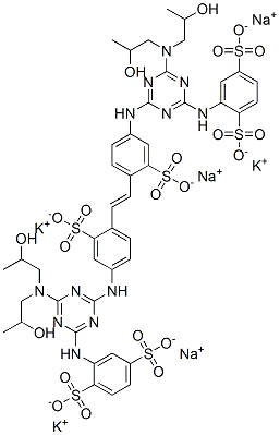 2,2′-[1,2-エテンジイルビス[(3-スルホ-4,1-フェニレン)イミノ[6-[ビス(2-ヒドロキシプロピル)アミノ]-1,3,5-トリアジン-4,2-ジイル]イミノ]]ビス(1,4-ベンゼンジスルホン酸)/カリウム/ナトリウム 化学構造式