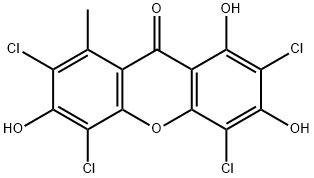 2,4,5,7-テトラクロロ-1,3,6-トリヒドロキシ-8-メチル-9H-キサンテン-9-オン 化学構造式