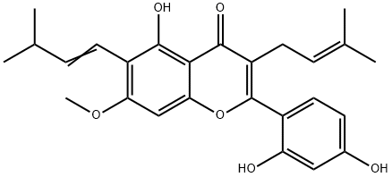 3-(3-メチル-2-ブテニル)-2',4',5-トリヒドロキシ-6-(3-メチル-1-ブテニル)-7-メトキシフラボン 化学構造式