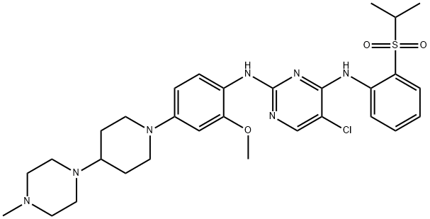 5-クロロ-N-[2-メトキシ-4-[4-(4-メチルピペラジノ)ピペリジノ]フェニル]-N′-[2-(イソプロピルスルホニル)フェニル]-2,4-ピリミジンジアミン 化学構造式