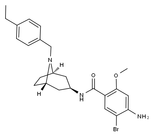 Benzamide, 4-amino-5-bromo-N-(8-((4-ethylphenyl)methyl)-8-azabicyclo(3 .2.1)oct-3-yl)-2-methoxy-, exo- Struktur