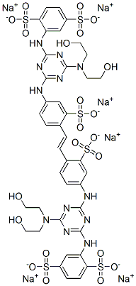 hexasodium 2-[[4-(bis(2-hydroxyethyl)amino)-6-[[4-[(E)-2-[4-[[4-(bis(2 -hydroxyethyl)amino)-6-[(2,5-disulfonatophenyl)amino]-1,3,5-triazin-2- yl]amino]-2-sulfonato-phenyl]ethenyl]-3-sulfonato-phenyl]amino]-1,3,5- triazin-2-yl]amino]benzene-1,4-disulfonate 化学構造式