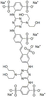 hexasodium 2-[[4-(bis(2-hydroxyethyl)amino)-6-[[4-[(E)-2-[4-[[4-(bis(2 -hydroxyethyl)amino)-6-[(2,5-disulfonatophenyl)amino]-1,3,5-triazin-2- yl]amino]-2-sulfonato-phenyl]ethenyl]-3-sulfonato-phenyl]amino]-1,3,5- triazin-2-yl]amino]benzene-1,4-disulfonate Struktur